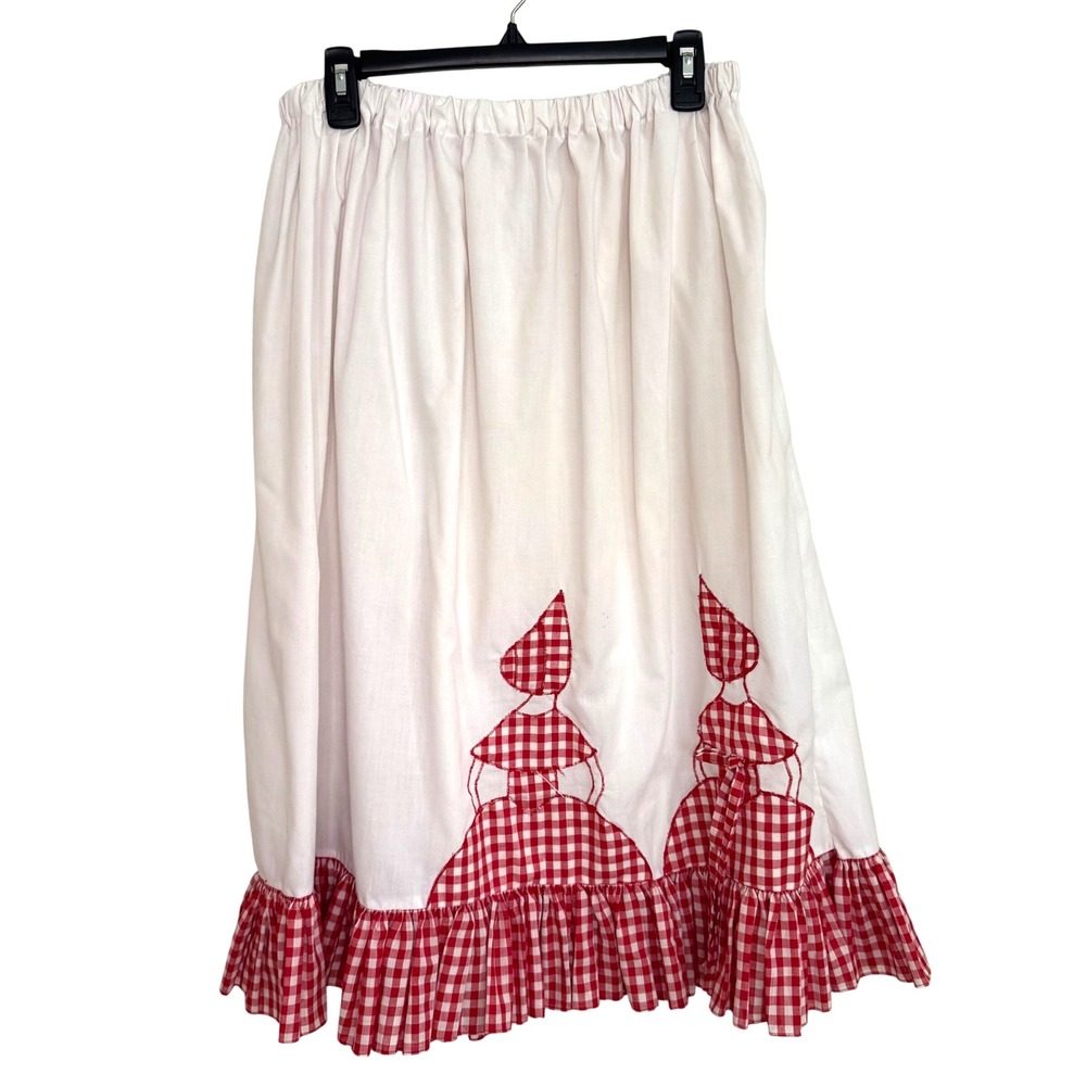Sunbonnet Sue Midi Skirt White Gingham Handmade Applique Women Vintage Cottage